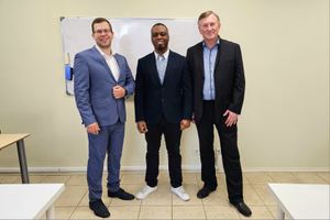 From left to right. Deputy director Mr. Yuri Vasilenko, Mr. Olamide Eniola, Director Mr. Alexander Ulyanenko. The meeting took place on June 11, 2024, in education center in Riga, Latvia 